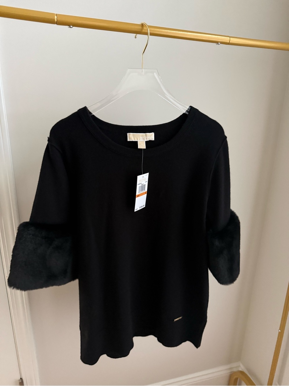 Michael Kors Black Short Sleeve Knit Top with Faux Fur cuffs NWT